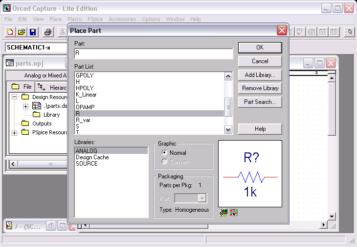 Orcad Capture: Selecting R from Analog Library