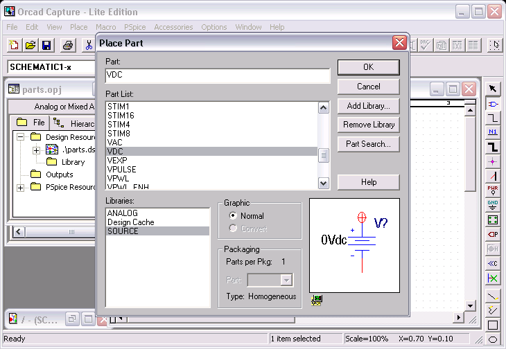Orcad Capture: Selecting VDC from Source Library