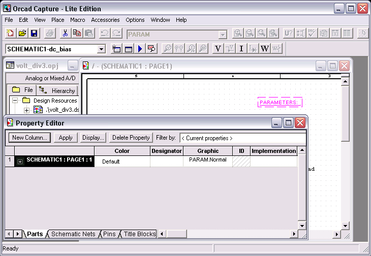 Voltage Divider with Load, Property Editor for Parameter Part