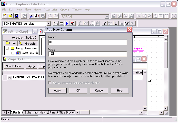 Voltage Divider with Load, Creating New Property with Name RL