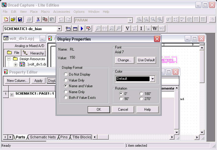Voltage Divider with Load, Select Display Properties for RL Parameter