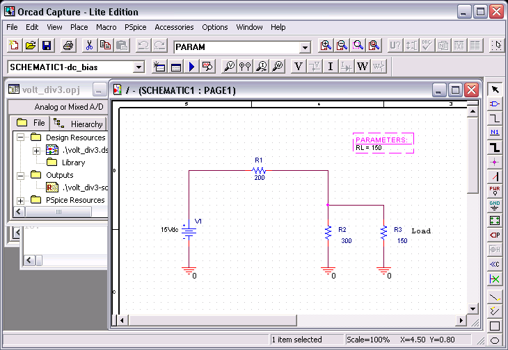 Voltage Divider with Load, Global Parameter Defined and Displayed