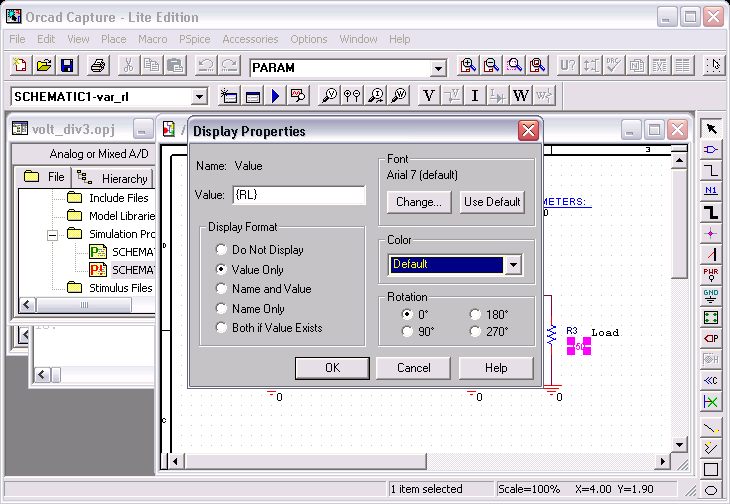 Voltage Divider with Load, Change Value of R3 to Global Parameter RL