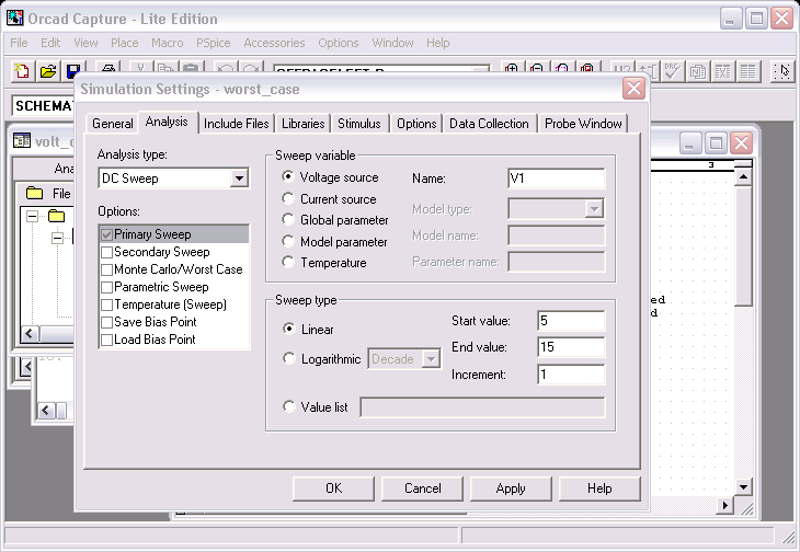 DC Sweep Simulation Settings: Primary Sweep