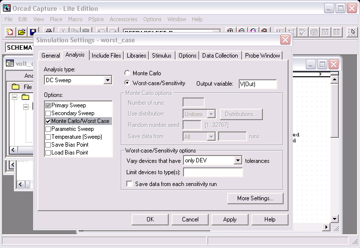 DC Sweep Simulation Settings: Monte Carlo/Worst Case