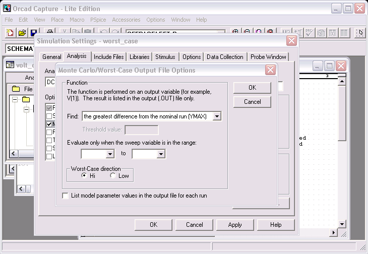 DC Sweep Simulation Settings: Monte Carlo/Worst Case, More Settings...